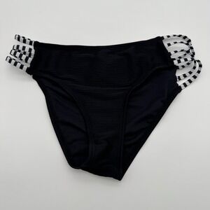 Cupshe‎ Womens Black Ribbed Bikini Bottom Striped Strappy Sides Small